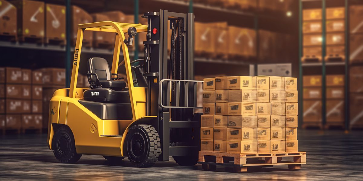 A forklift is unloading goods in a logistics warehouse