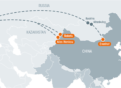 The rail route of transport goods from China to Europe